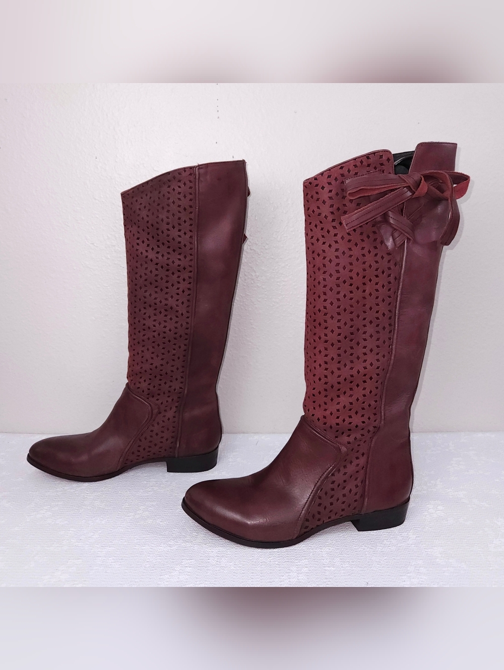 Anthropologie Claret Bow Riding Boots EU 40 Tall Perforated Leather Boho Rare!